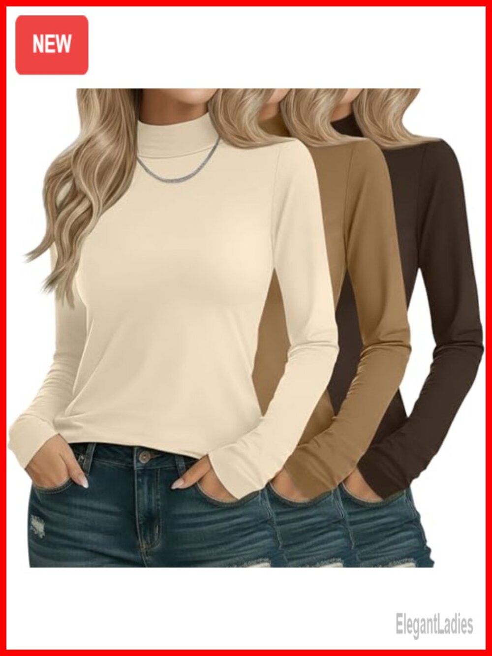 3 Pack Womens Cotton Mock Turtleneck Long Sleeve Tops Tees